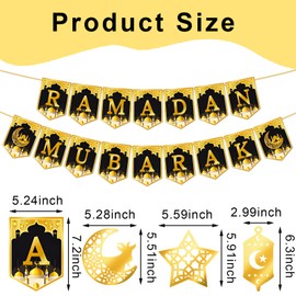 Ramadan Decoration, Ramadan Mubarak Banner Decoration, Gold Star Moon Lantern Garland Pendant, Eid Mubarak Hanging Sign Islamic, for Eid Islamic Ramadan Kareem Decor Party Accessories