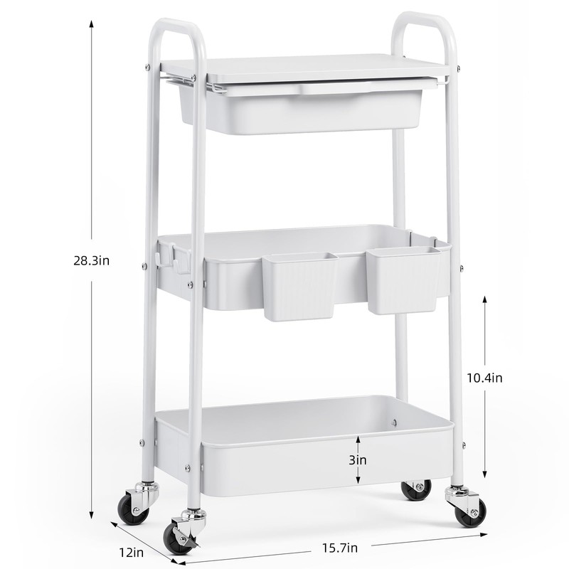 KINGRACK 3 Tier Metal Rolling Cart with Drawer, White Utility