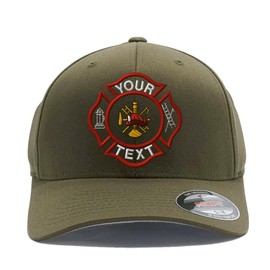Custom Embroidered Firefighter hat. Flex Baseball 6277/6477 Baseball Cap. Firefighter Maltese Cross Flex Baseball hat (L/XL, Olive)