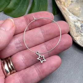 Star Charm Hoop Earrings, Silver Tone Nickel Free Hoops with Small Hollow Stars : 35mm Diameter, Elegant Everyday Jewellery for Women