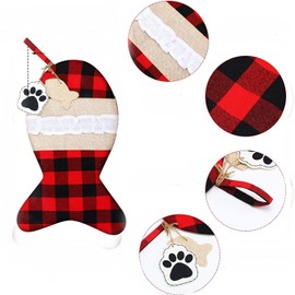 Cat Christmas Stockings, EYLEER Christmas Kitten Cat Stockings Red Plaid Fish Shape Hanging Christmas Stocking Candy Treat Bag for Kitten Cat Christmas Decorations Gift
