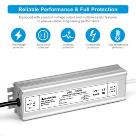 24V 100W LED Power Supply, IP67 Waterproof LED Driver, AC 110V to DC 24 Volt 4.2A Low Voltage Transformer Converter for Outdoor LED Strip & Landscape Lighting, 3-Prong Plug with 3.3FT Cable
