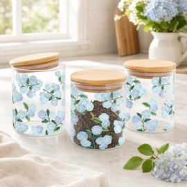 JarThenaAMCS 3Pcs Hydrangea Glass Storage Jars with Airtight Lid Blue Floral Decorative Canisters Sets for Spring Summer Home Kitchen Countertop