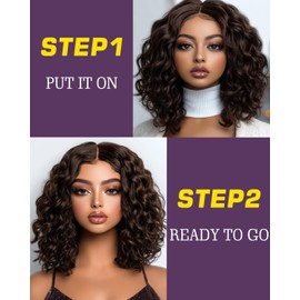 FASHION IDOL Wear and Go Deep Short Curly Bob Human Hair Wigs for Women Lace Front Middle Part Shouder Lenth Wave Wig Pre plucked with Baby Hair Brown 150% Density