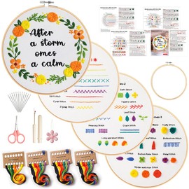 Embroidery Starter Kits for Adults Beginners with Stamped Pattern, Embroidery Stitch Practice Kit with Hoop for Craft Lover, 4 Sets Embroidery Kit for Adult Beginner with Colored Threads and Needles