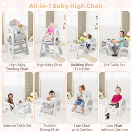 BABY JOY Baby High Chair, 8 in 1 Convertible High Chairs for Babies and Toddlers, Building Block Table and Chair Set, Adjustable Backrest, Removable Double Tray, Storage Boxes, Safety Harness (Gray)
