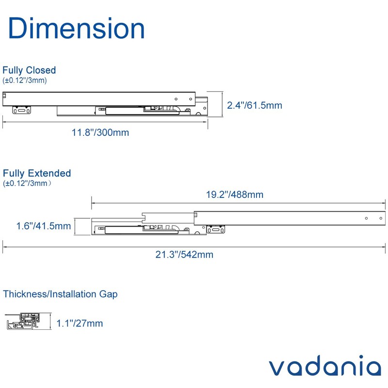 VADANIA 12" Undermount Drawer Slide, Push to Open, Bottom Mounted