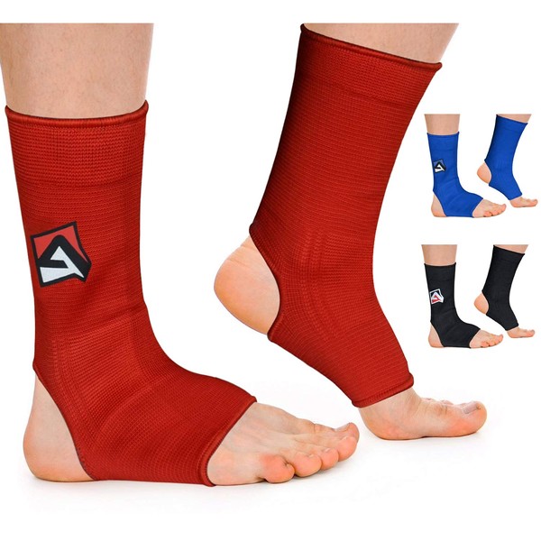 AQF MMA Ankle Support Muay Thai Foot Brace Guard Kick Boxing Sprains Achilles Tendon Pain Relief Protector Elastic Breathable Compression Sleeve (Red, L)