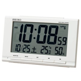 Seiko Clock SQ789W Table Clock, White, Product Size: 3.6 x 5.8 x 1.9 inches (9.1 x 14.8 x 4.7 cm), Alarm Clock, Radio Control, Digital Calendar, Temperature, Humidity Display