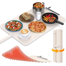 VTAR Electric Food Warming Mat Tray Warmer for Party Buffet Servers Hot Logic Heating Heater Full Surface Keep Warm, Rollable Portable, Premium Silicone, 3 Temperature Set, Auto Shut Off - Cream
