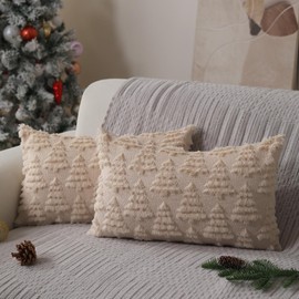 Allorry Christmas Pillow Covers 12 x 20 Set of 2 Xmas Decorations Beige Christmas Tree Pillow Cases Plush Faux Fur Soft Cushion Case for Winter Xmas Holiday Home Bedroom Sofa Decors SY-003-C12