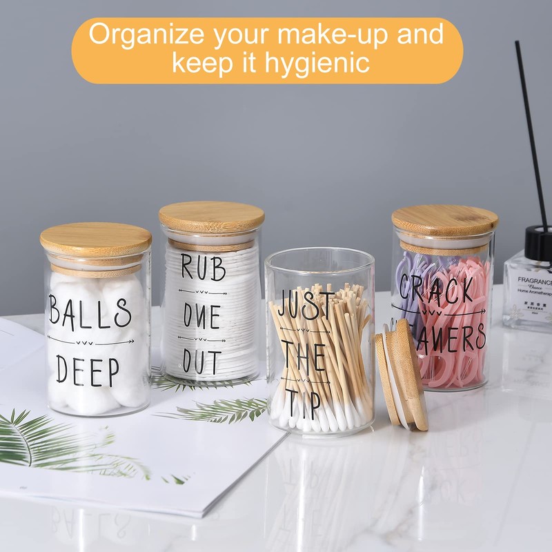 4 Pack Qtip Holder, Glass Dispenser with Bamboo Lids for