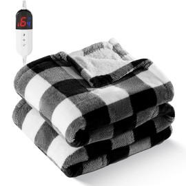 Electric Heated Sherpa Buffalo Plaid Christmas Throw Blanket with 6 Heating Levels & 4 Hours Auto Off, Fast Heating Warm Plush Washable Blanket with Over-Heat Protection, ETL Certification, Black