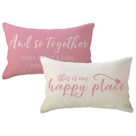 ULOVE LOVE YOURSELF Home Saying Throw Pillow Covers with Our Happy Place Quote Rustic Farmhouse Decor Lumbar Pillow Cases 12" x 20",2Pack Housewarming Gifts for Sofa/Couch/Porch (Pink)