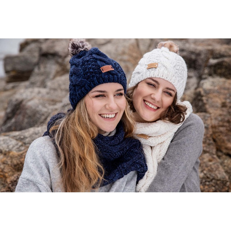 Aran Traditions Warm Winter Cable Knit Faux Fur Bobble Beanie