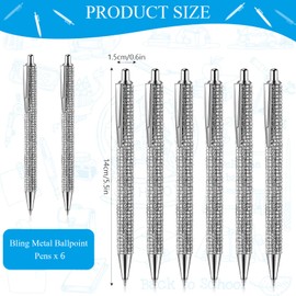 Jeyiour 6 Pcs Bling Pen Cute Diamond Pens Wedding Rhinestones Gift Metal Ballpoint Pens Fancy Sparkly Crystal Pens Retractable Black Ink Pen for Women Office Birthday 0.7mm (Silver)