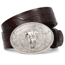 XZQTIVE Western Leather Belt for Men Women Cowgirl Cowboy Belt Country Belt Silver Buckle Tooled Leather Belt for Jeans
