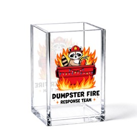 YAZMEEN Raccoon Dumpster Fire Gift Acrylic Pen Holder - Dumpster Fire Response Team Desk Organizer - Office & Home Desk Accessories - Funny Office Gift for Women, Men, Coworkers