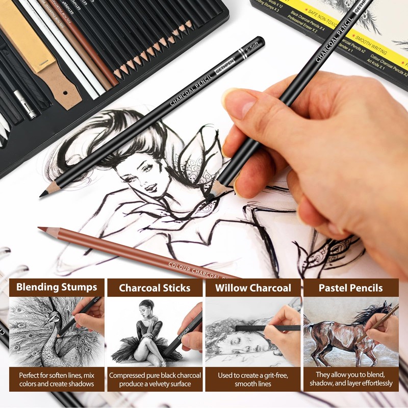 GETHPEN Sketch Pencils for Drawing,34 Pcs,Graphite Pencil (14B-4H), Charcoal Pencil,With