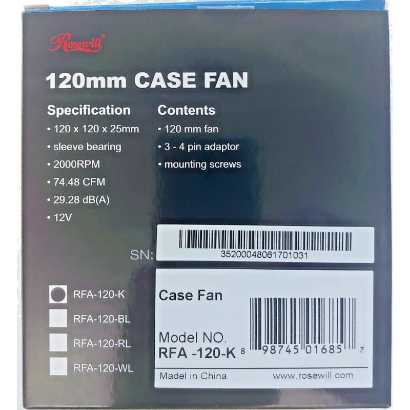 Rosewill RFA-120-K 120mm Case Cooling Fan with LP4 Adapter -