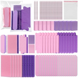 Lanties 50 Sets Disposable Pedicure Kit Individually Package 5 in 1 Pedicure Tools Pumice Stone Nail File 80/100 Grit Mini Buffer Toe Separator Cuticle Pusher Clear Bag for Salon Home (Pink & Purple)