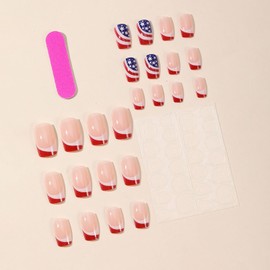 Independence Day Press on Nails Short Square Glossy United States Flag Design Full Cover French False Nails Red White Blue Stripe Fake Nails Artificial Acrylic Nails Glue on Nails for Women July 4