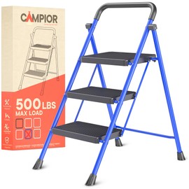 Blue 3 Step Stool Foldable – Heavy-Duty Foldable Step Stool for Adults, 500 lbs Capacity, Anti-Slip Feet & Wide Steps, Sturdy Steel Frame, Lightweight & Space-Saving Design for Home, Kitchen & Garage