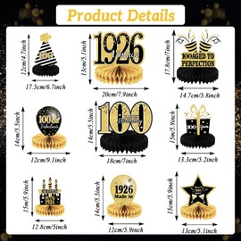 9PCS 100th Birthday Decorations 100th Birthday Centerpieces for Table Decorations 2026 Vintage 1926 Honeycomb Table Topper Back in 1926 100th Birthday Decoration for Men and Woman 100 Years Party