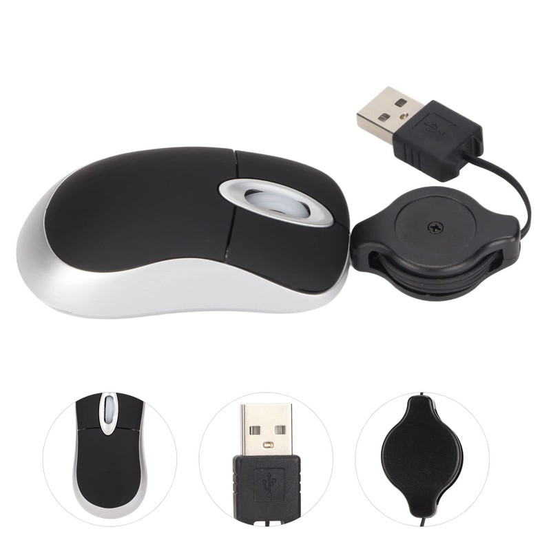 Mini USB Wired Optical Mouse with 68cm Retractable Cord, Portable