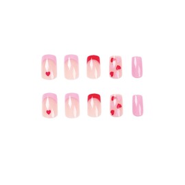 24pcs French Tip Press on Nails Medium Square Heart Fake Nails Pink Red Edge Glue on Nails Removable Stick on Nails Acrylic Nails Valentines Day Women Bridal Nail Art Accessories