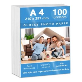 100 Hojas De Papel Fotográfico Glossy A4 200g Para Impresión Inkjet                                                                                   