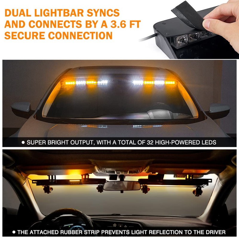 Xprite Amber LED Visor Strobe Dual Light Bar, Interior Windshield
