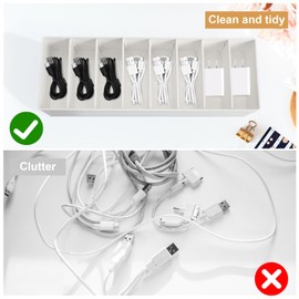 Culinavog Cable Organiser, 2 PCS Cable Storage Box with Adjustable Compartments, Small Plastic Desk Tidy Organiser, Multifunctional Cable Management Box for Home, Office, School (White, 26×9×5.7 cm)