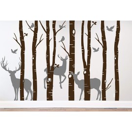 Birch Tree Branches Forest Birds Winter Deer Silhouette Wall Decal Sticker Nature Woods Scene