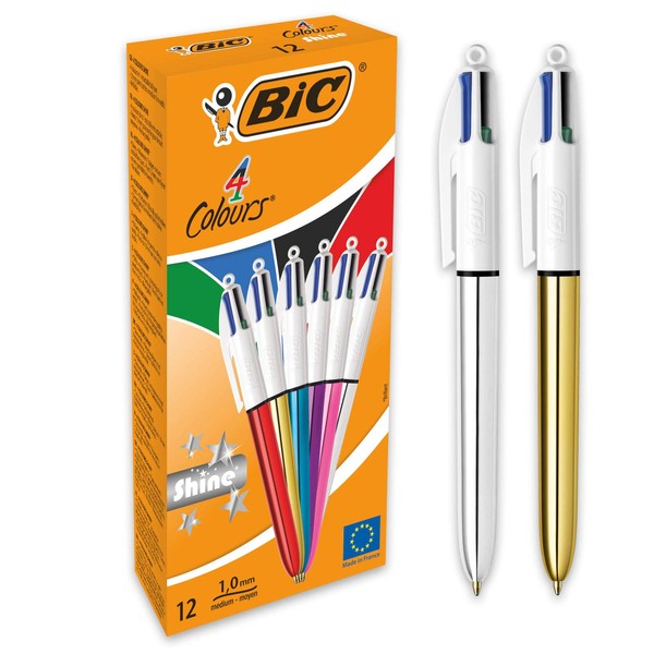 BIC 4 Colours Shine Ballpoint Pens Medium Point (1.0 mm) - Assorted Metallic Barrels, Box of 12
