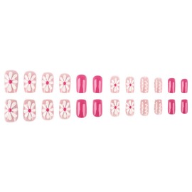 Press on Nails Medium Fake Nails with Flower Dot Designs Pink Acrylic Nails Glossy Glue on Nails Full Cover False Nails Spring Summer Artificial Nails Reusable Stick on Nails for Women 24 Pcs