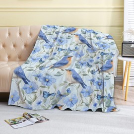 coedoaes Blue Bird and Flower Fleece Blanket - 50x60in Cute Bluebirds Floral Nature Throw Blankets,Soft Cozy Lightweight, Ideal for Living Room Home Rustic Decor and Kids Women Girls Spring Gifts