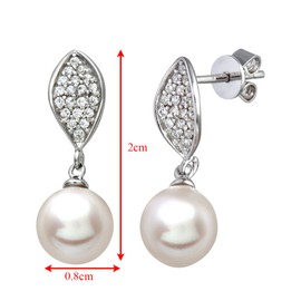 Citerna Sterling Silver with CZ Filled Leaf and Freshwater Pearl Drop Earrings of 2 cm