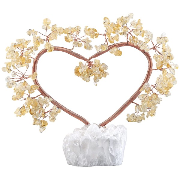 SUNYIK Handmade Healing Crystal Heart Shape Money Tree Set on Natural Rock Quartz Cluster Crystal Base for Home Decor 6.5-8" Tall, Citrine