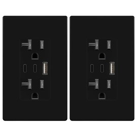TOPGREENER 4.2A 21W 3-Port Type C USB Outlet, 20 Amp Receptacle Plug, Charging Power Outlet with Dual Type C&A Ports, Screwless Wall Plate Included, UL Listed, TU22042AC2-BKSID, Black, 2Pack