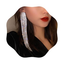 Wekicici Long Rhinestones Tassel Earrings Crystal Chandelier Tassel Long Big Statement Chain Dangle Drop Earrings for Women, Crystal Metal Zinc Rhinestone