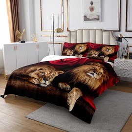 Erosebridal Lion Bedspread Quilt Set King Size, Africa Wildlife Quilted for Kids Teens Adult, Red Rose Flower Pattern Coverlet Set, Animal Theme Bedspread, Soft Luxury Microfiber, Black Brown