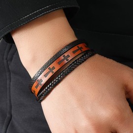 Mens Cross Leather Bracelet,Multi-Layer Braided Faith Cuff Bracelets for Men, Stainless Steel with Buckle Religious Memorial Bangle Gifts for Him 8.46"(21.5cm)
