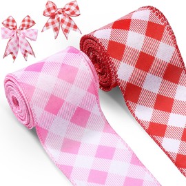 2 Rolls Valentine's Day Wired Ribbons 2.5 Inch Wide Valentine's Day Plaid Ribbons Rolls Red Pink White Diagonal Buffalo Plaid Ribbons for DIY Valentine's Day Decor Wrapping Crafts(10 Yards)
