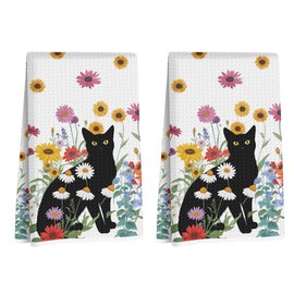 CFGBFDGH 2Pcs Cute Cat Spring Floral Kitchen Towels, Summer Wildflower Decorative Hand Towels for Kitchen Home Farmhouse, Absorbent Microfiber Dish Cloth Tea Towel, Cat Lover Gifts for Women Mom
