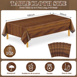 6 Pack Wood Grain Plastic Tablecloth, 54 X 108Inch Rustic Wood Table Covers for Rectangle Table Disposable Vintage Farmhouse Tablecloths for Cowboy Western Barn Birthday Baby Shower Party Supplies