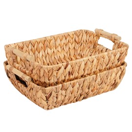 Wicker Storage Baskets with Wooden Handles, Hand-Woven Water Hyacinth Storage Organizers for Throw Blankets, Bedroom, Living Room, Laundry(2 Pack)