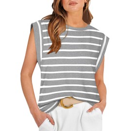 WIHOLL Sleeveless Tops for Women Dressy Casual Summer Influencers Picks Clothes 2025 Cap Sleeve Business Casual Outfits Work Office Basic tees Grey White Striped Shirts S