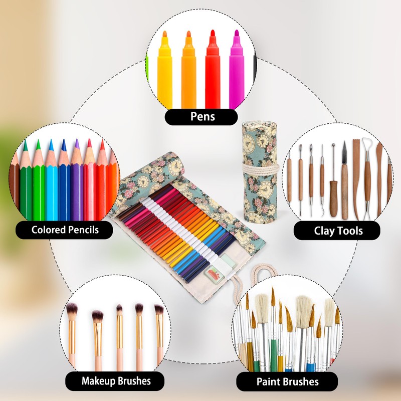 Newellsail Pencil Roll 72 Holes Canvas Rolling Pencil Case Portable