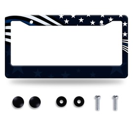 American Flag Thin Blue Line License Plate Frame USA Flag Patriotic License Plate Funny License Plate Holder Stainless Steel Car Accessory Decoration with Screws for Men Women 12.3" x 6.3"